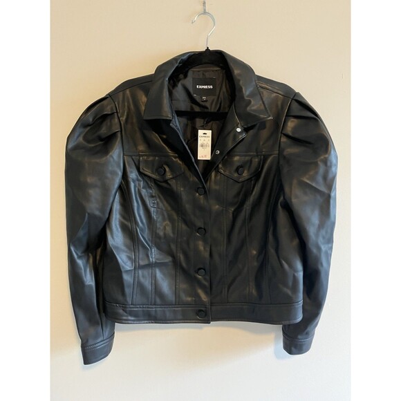Express Black Faux Leather Cropped Jacket Puff Sleeves Y2K Inspired Large NEW - Picture 5 of 8